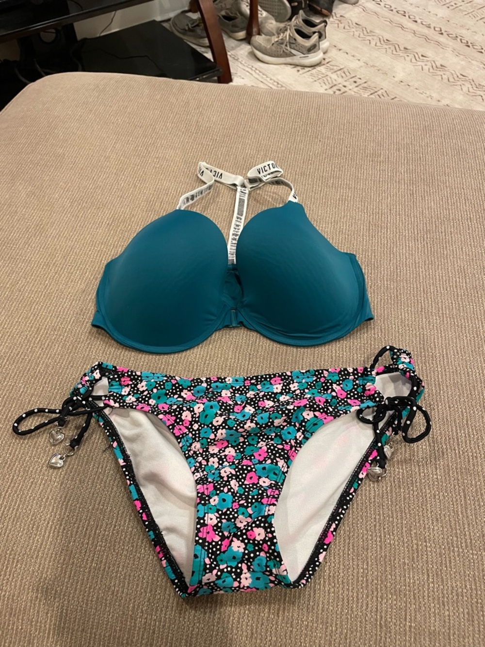 Victoria's Secret Teal Padded Bikini Top with Candies Floral Side-Tie Bottom